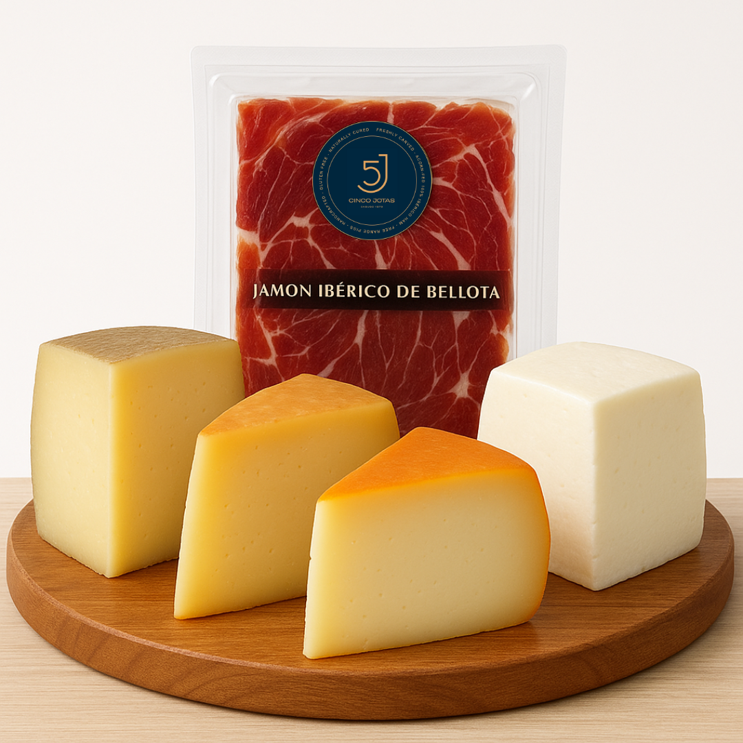 Spanish Cheese Sampler + FREE 5J Jamón Ibérico de Bellota – 8 oz Manchego, Idiazabal, Mahón & Goat