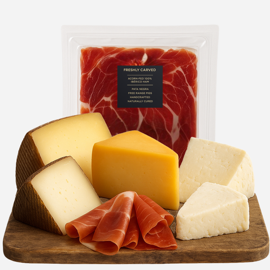 Spanish Cheese Sampler + FREE Jamón Ibérico de Bellota – 8 oz Manchego, Idiazabal, Mahón & Goat