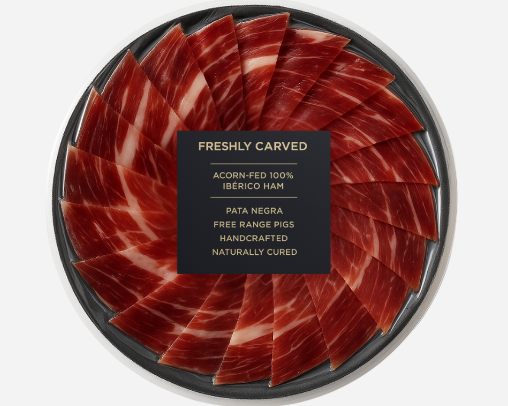 Freshly Carved Acorn-Fed 100% Ibérico Ham Pata Negra - Hand-Sliced Spanish Jamón on Serving Plate