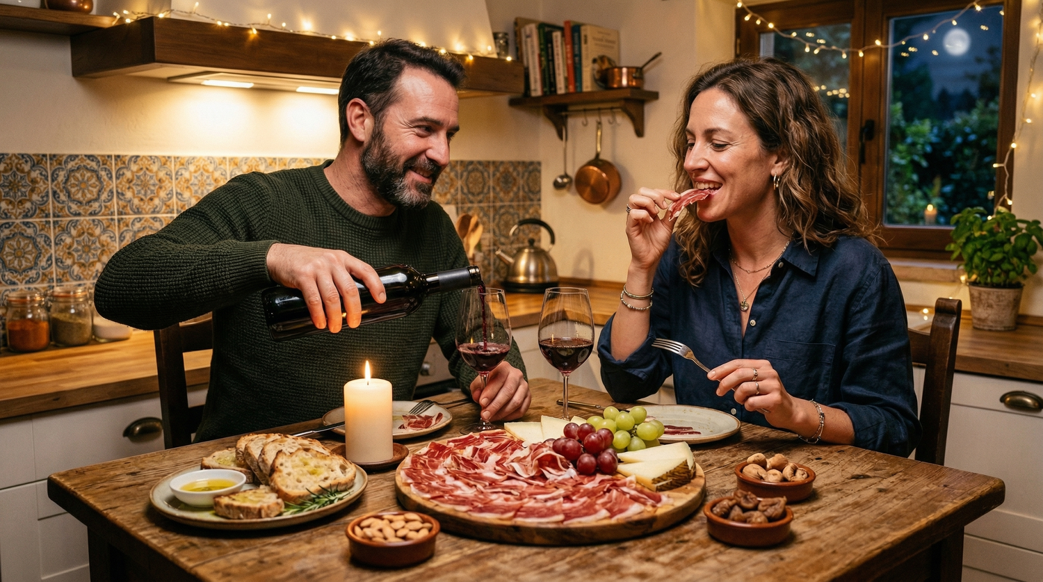 Couple Enjoying Spanish Charcuterie Board with Jamón Ibérico, Manchego Cheese, and Red Wine at Dinner